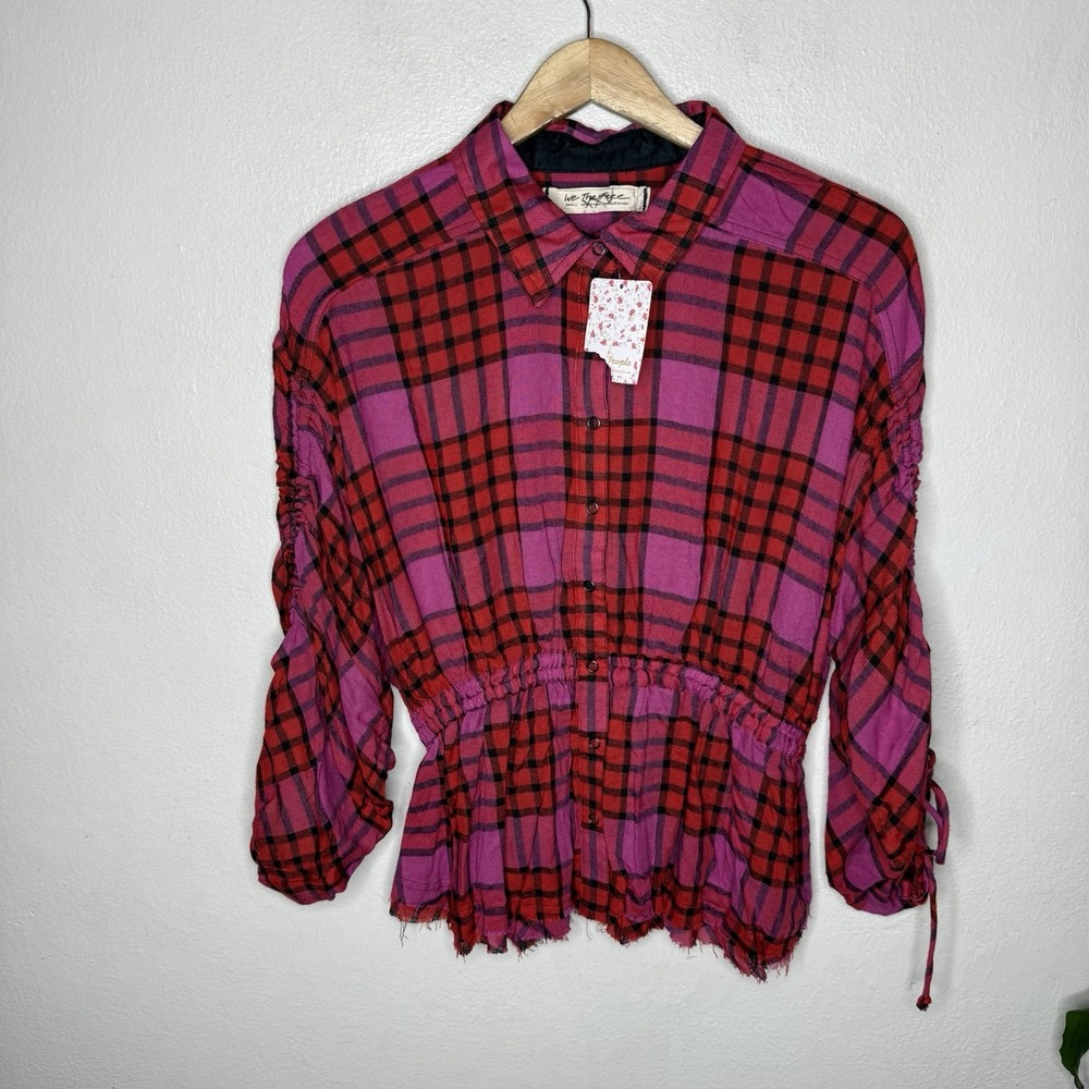 New Free‎ People Pacific Dawn Red Combo Plaid Shirt Twee Western Women's Small